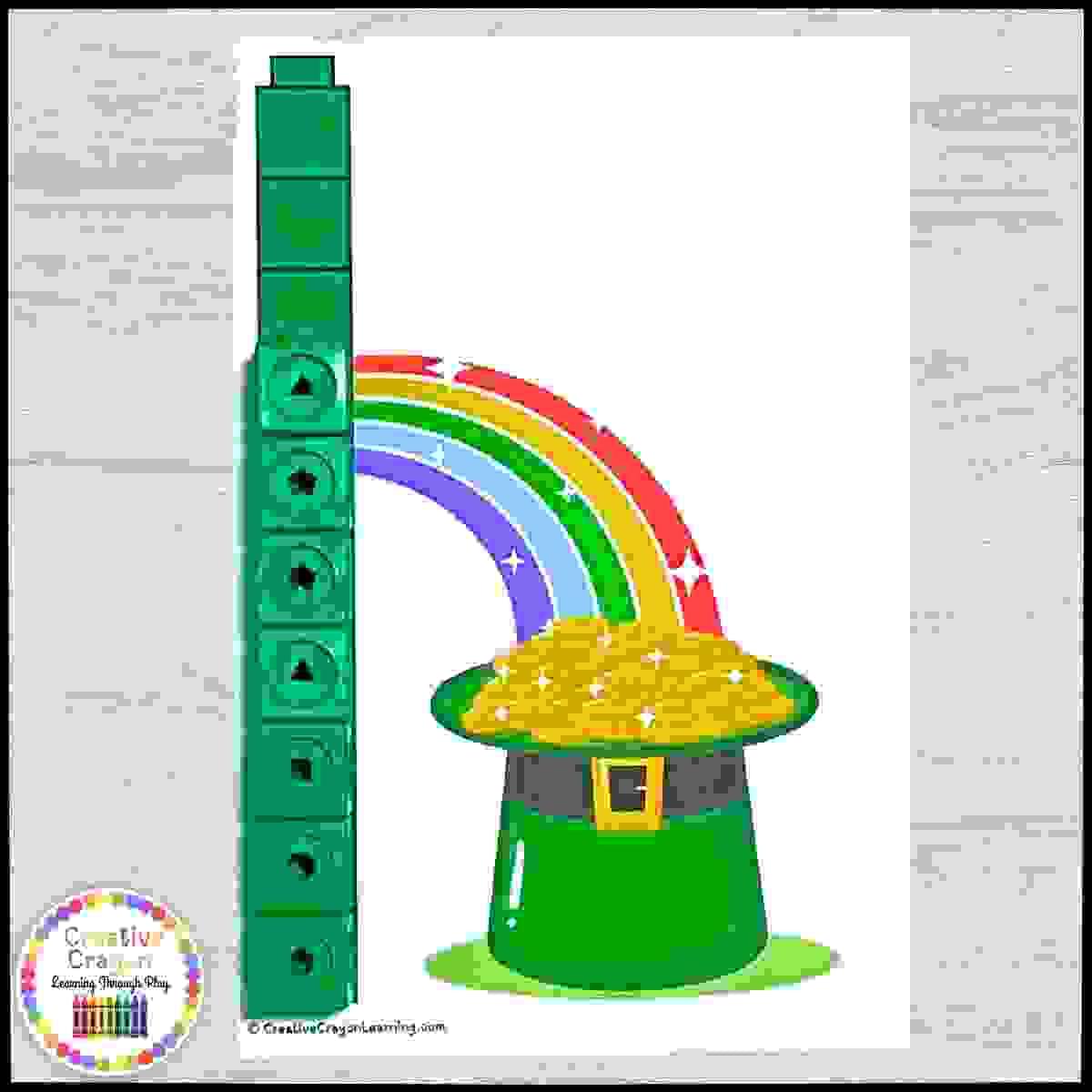Kindergarten measurement center using math link cubes to measure themed St. Patrick’s Day objects.