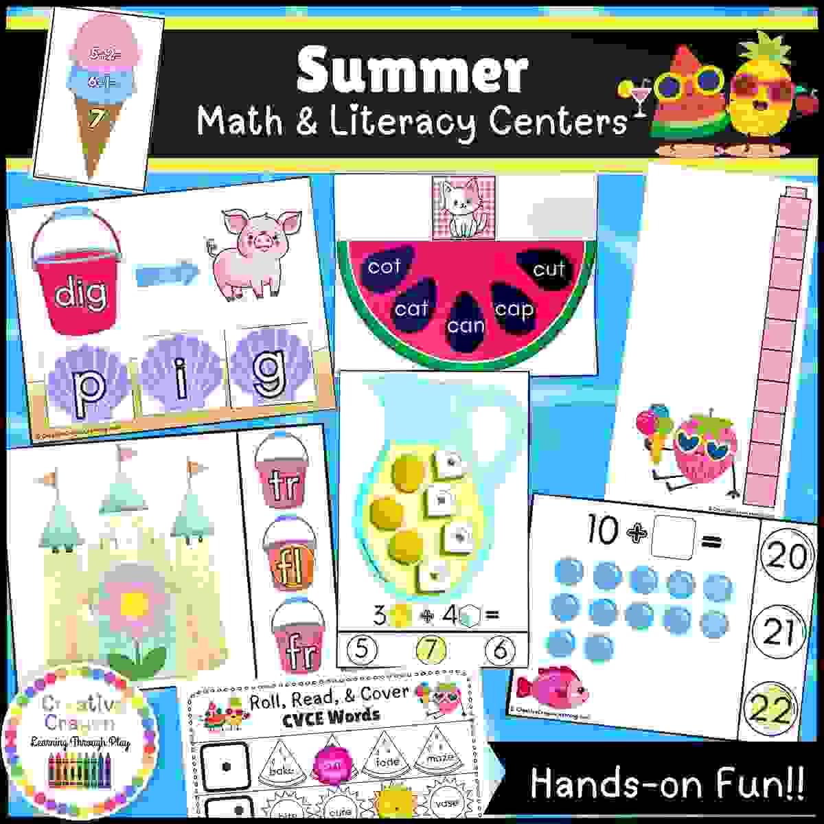 Summer math and literacy centers bundle for kindergarten featuring hands-on activities for phonics, counting, addition, and measuring with summer themes like ice cream, lemonade, beach buckets, and watermelon.