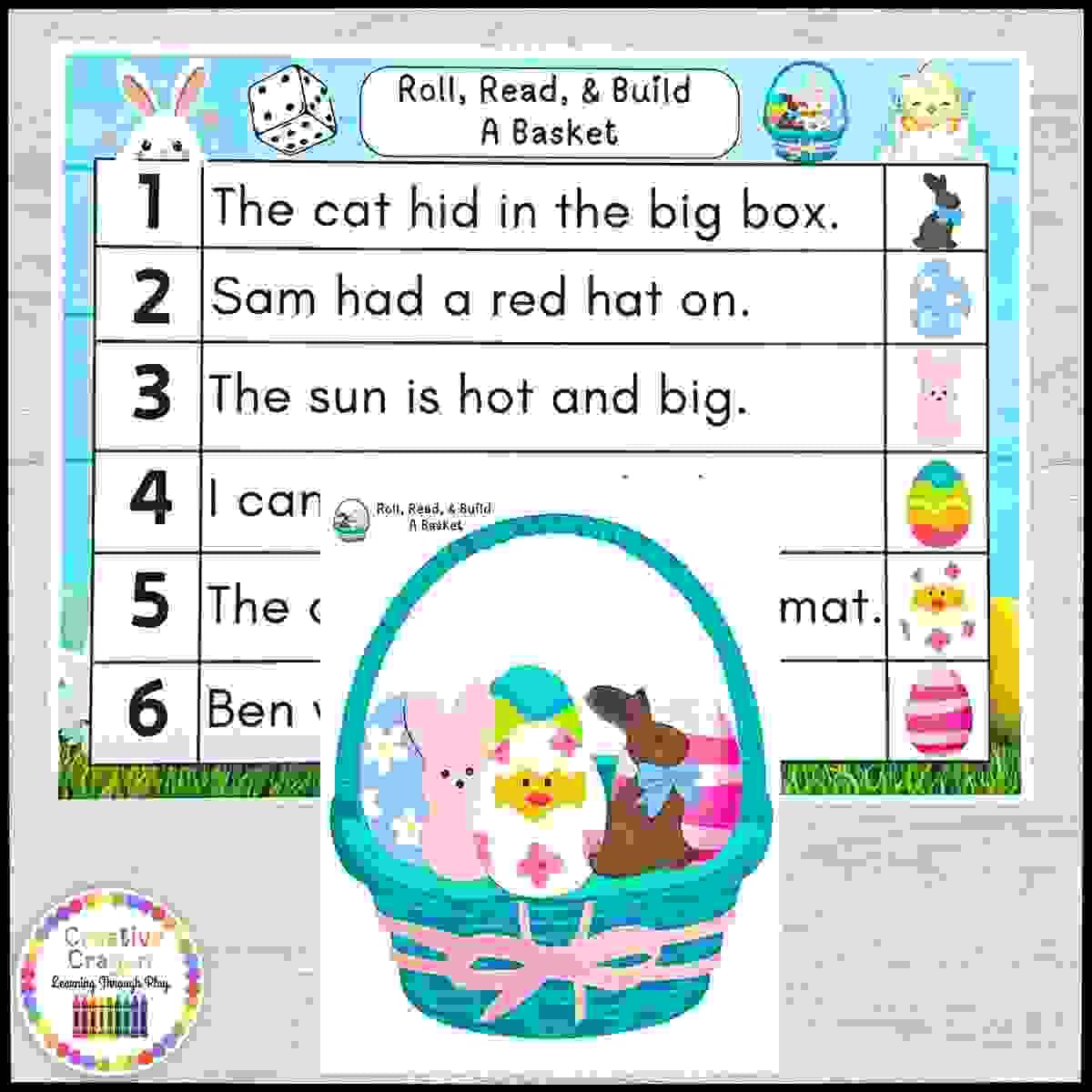 Kindergarten Easter literacy center with CVC sentence reading and basket-building activity for spring reading fluency and fine motor practice.