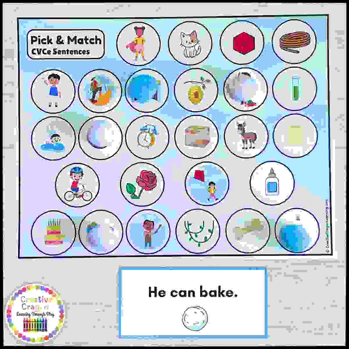 Printable CVCe sentence strips matched with pictures for kindergarten sentence fluency practice