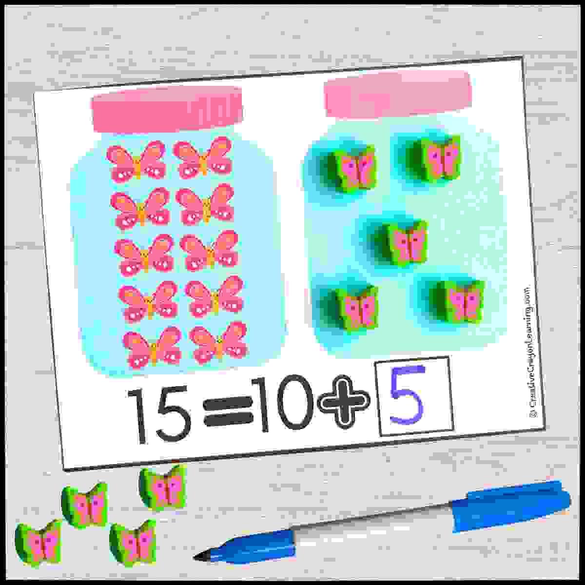 Backwards addition butterfly activity for kindergarten math center using visual supports