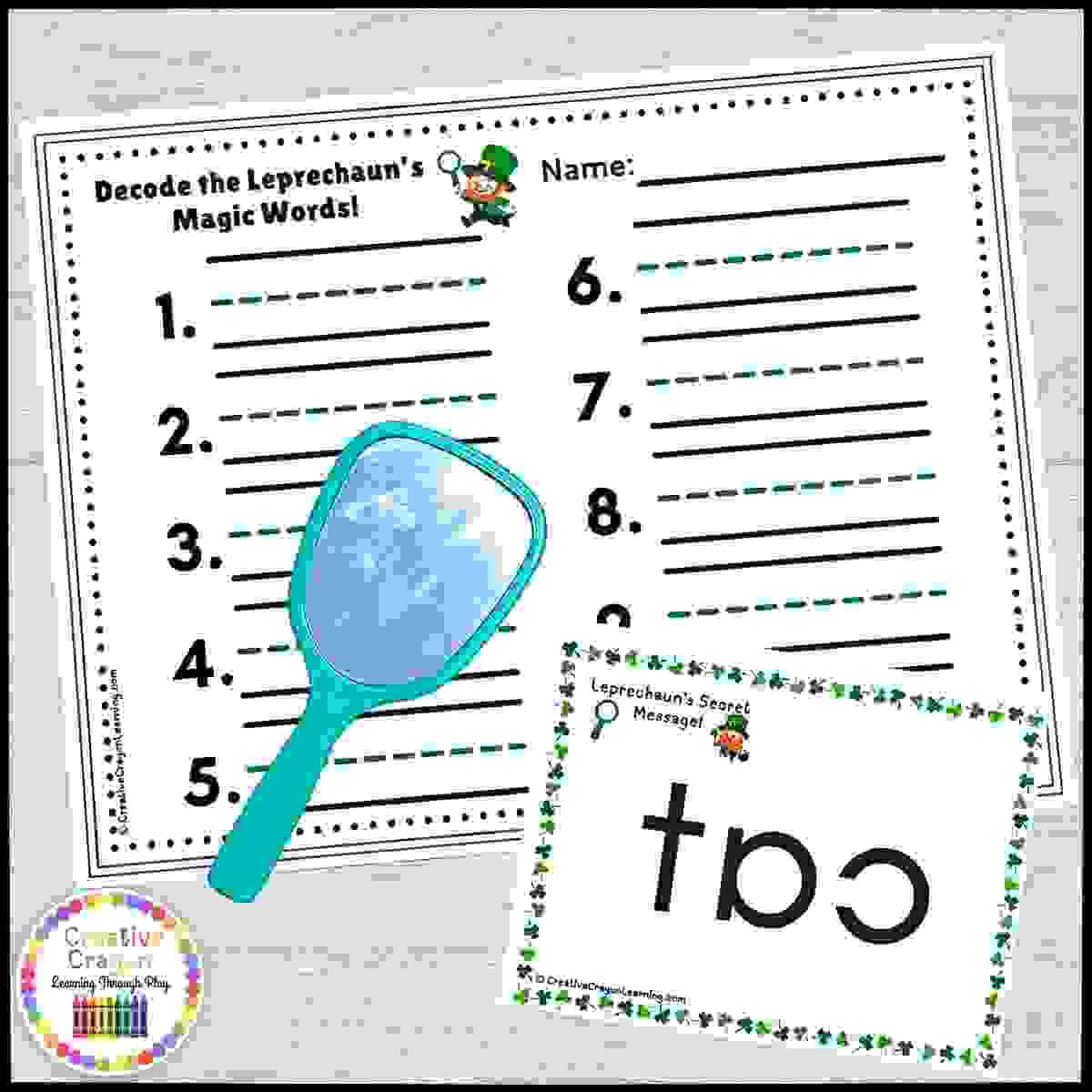 St. Patrick's Day CVC literacy center for kindergarten using mirrors to decode backward leprechaun trick words.