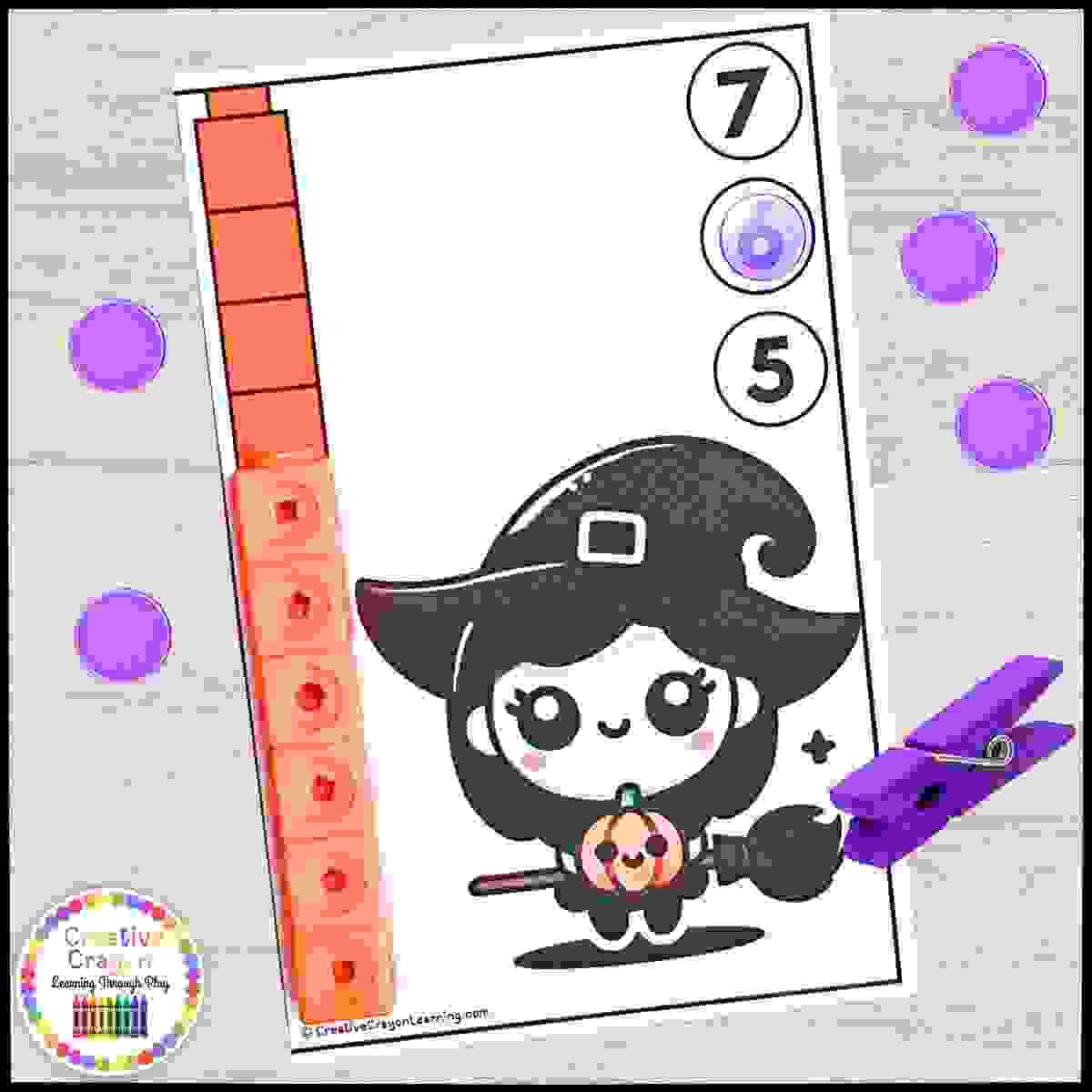 Halloween measuring math center for kindergarten with spooky character cards and math link cubes for non-standard measurement practice.