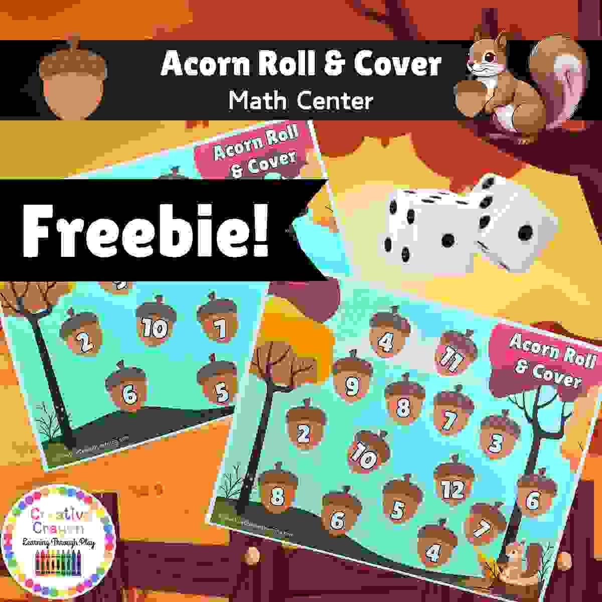Free fall math center for kindergarten with acorn roll-and-cover dice game for number recognition and addition.