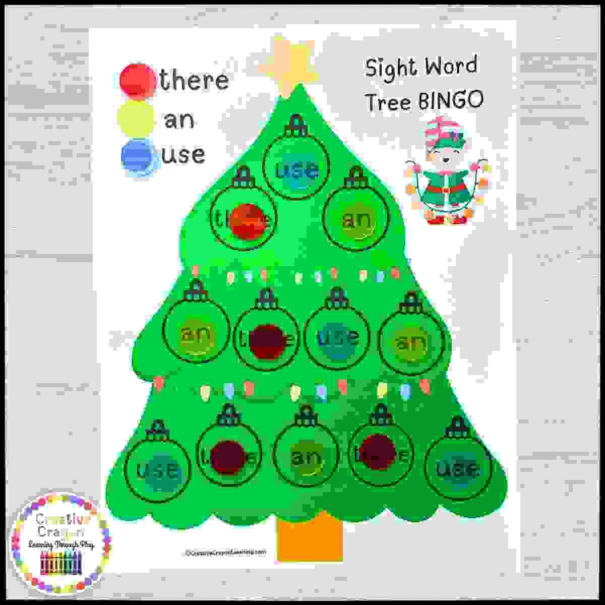 Kindergarten Christmas sight word BINGO game using Fry words and colored bingo chips on festive tree mats