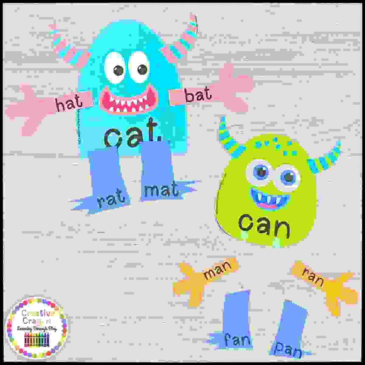 Monster rhyming literacy center for kindergarten with hands-on CVC word family matching monster game pieces.