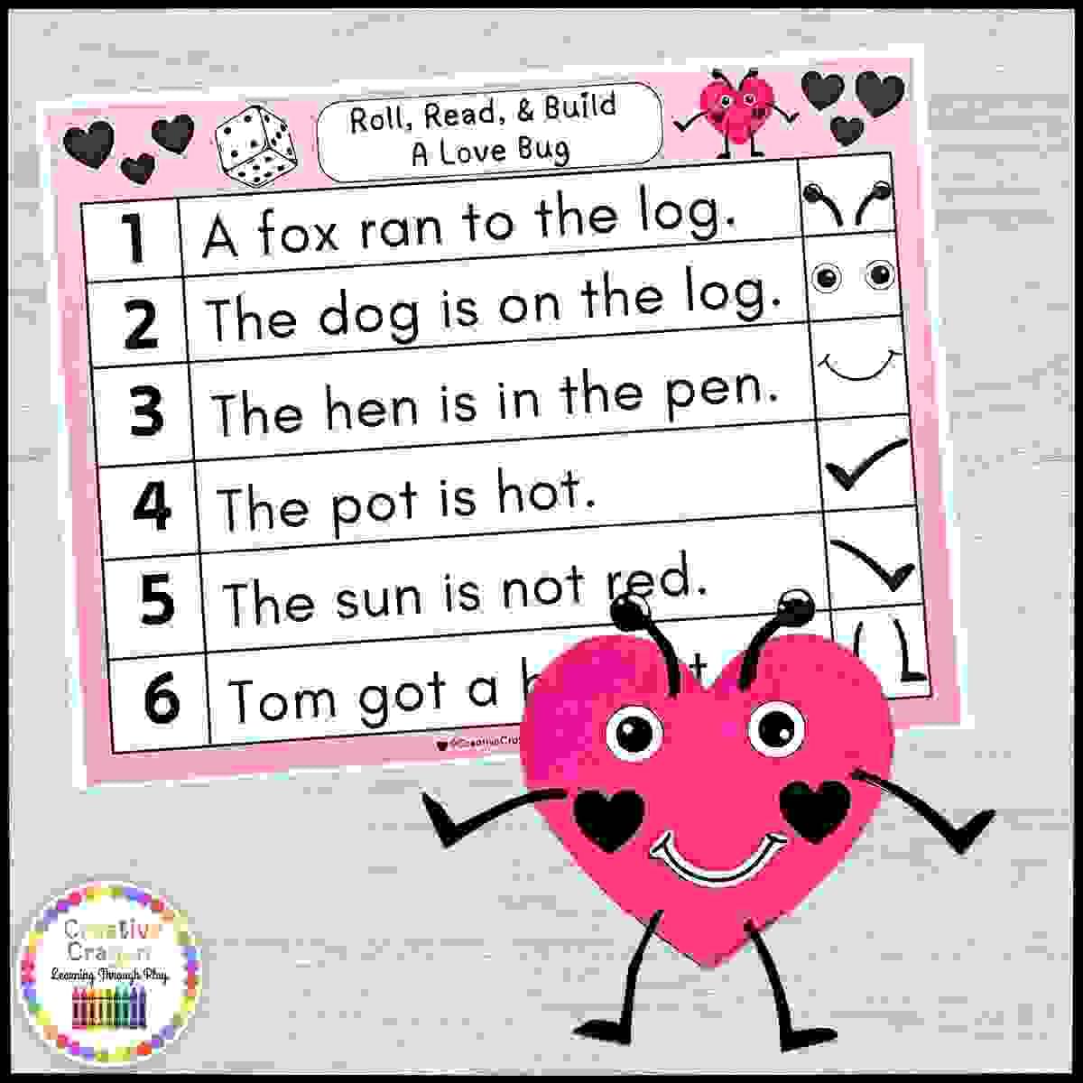 Valentine’s Day literacy center for kindergarten students building love bugs while reading decodable sentences and practicing fluency.