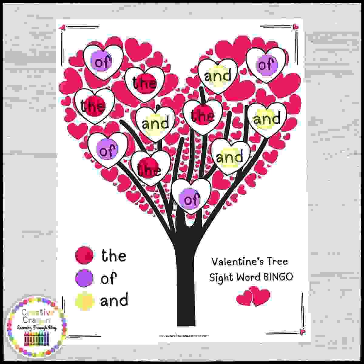 Valentine’s Day sight word bingo for kindergarten with Fry word trees and color-coded bingo chips for fluency practice.