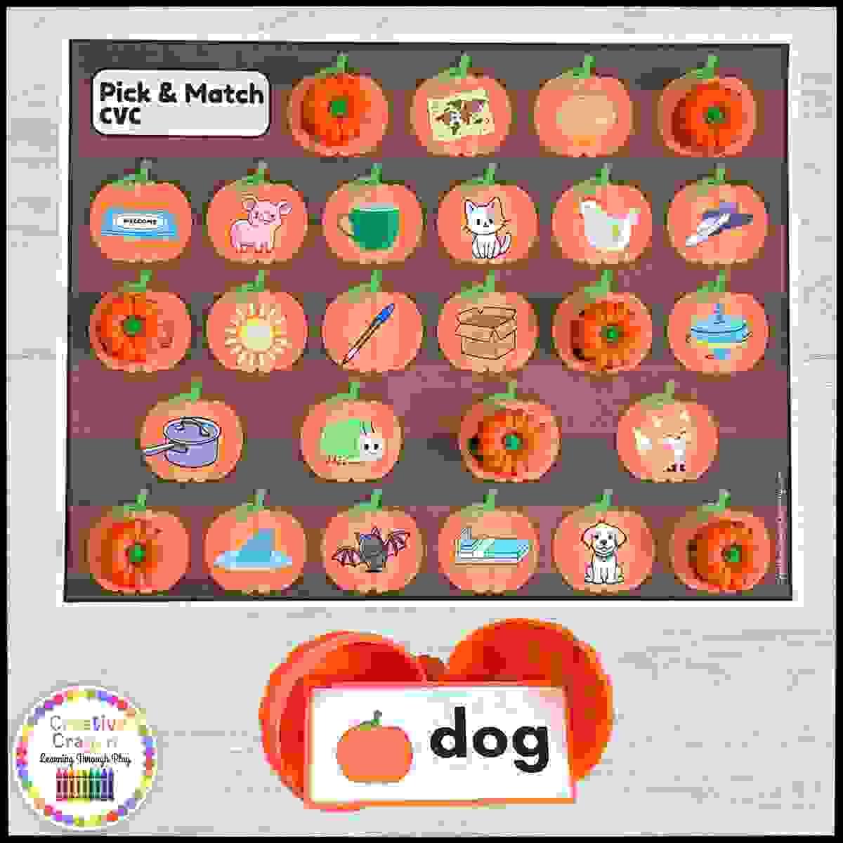 Pumpkin-themed literacy center for kindergarten with CVC word strips and plastic pumpkin matching activity.