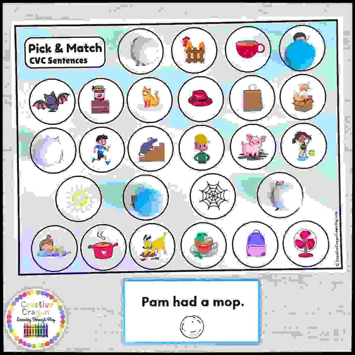 Kindergarten CVC sentence fluency activity with hands-on picture matching and decoding strips.