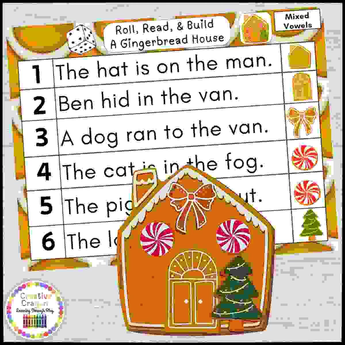 Gingerbread house building activity with roll and read sentences for early fluency practice