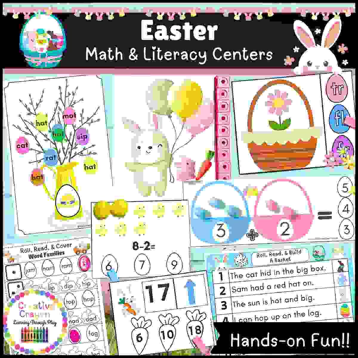 Easter math and literacy bundle cover with hands-on kindergarten centers for spring reading and math skills