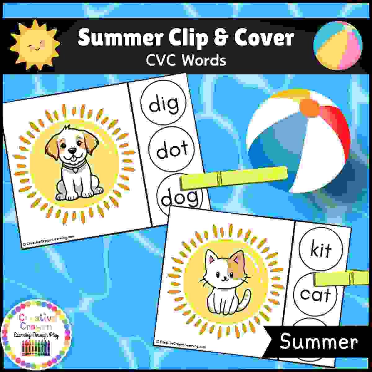 Free summer CVC word literacy center for kindergarten with clip cards and picture prompts.
