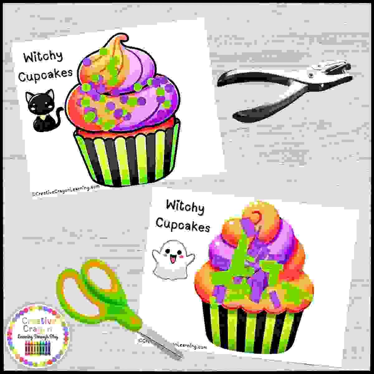 Halloween fine motor activity for preschool and kindergarten with cupcake cutting and hole punching practice cards.