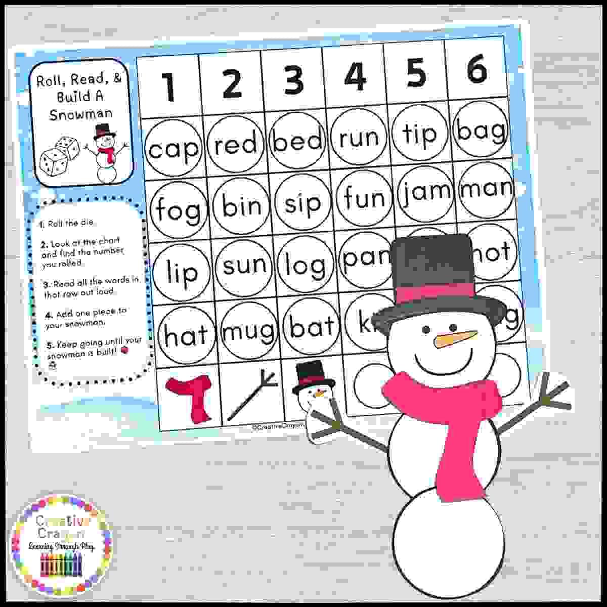 Winter CVC sentence fluency activity for kindergarten with snowman building and decodable word practice.