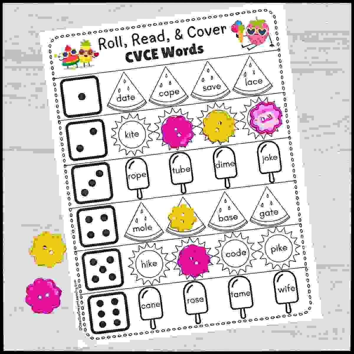 Summer-themed CVCe phonics practice for kindergarten with roll and cover board.