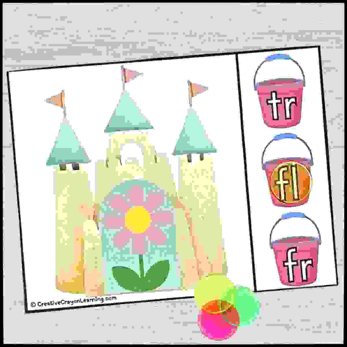 Summer sandcastle blend matching literacy center for kindergarten with picture clues and clips.