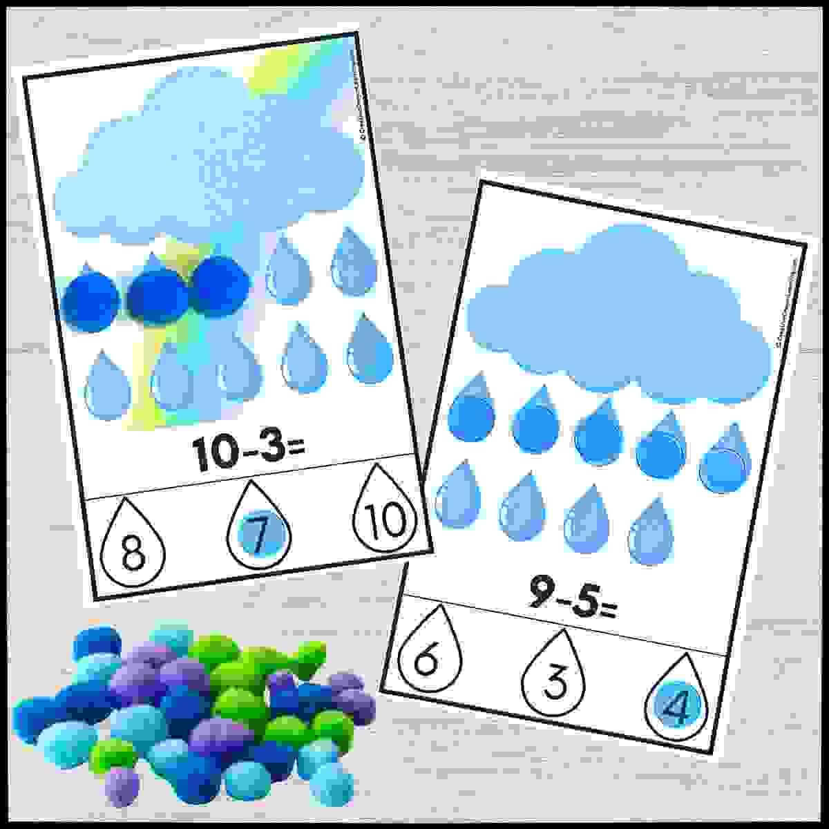 Spring subtraction center for kindergarten with cloud and raindrop visuals