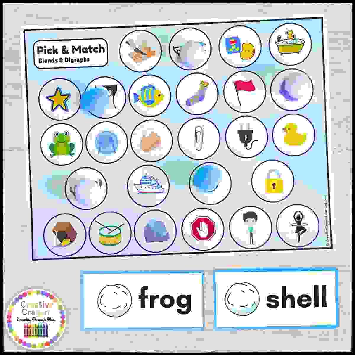 Kindergarten blend and digraph literacy center with snowball-themed word and picture match