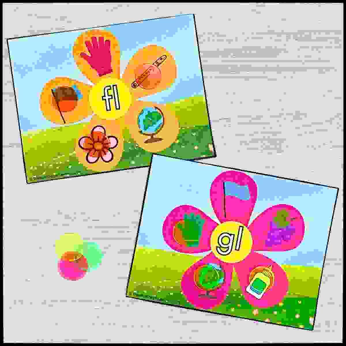 Spring-themed blend matching literacy center for kindergarten with flower cards and beginning sounds