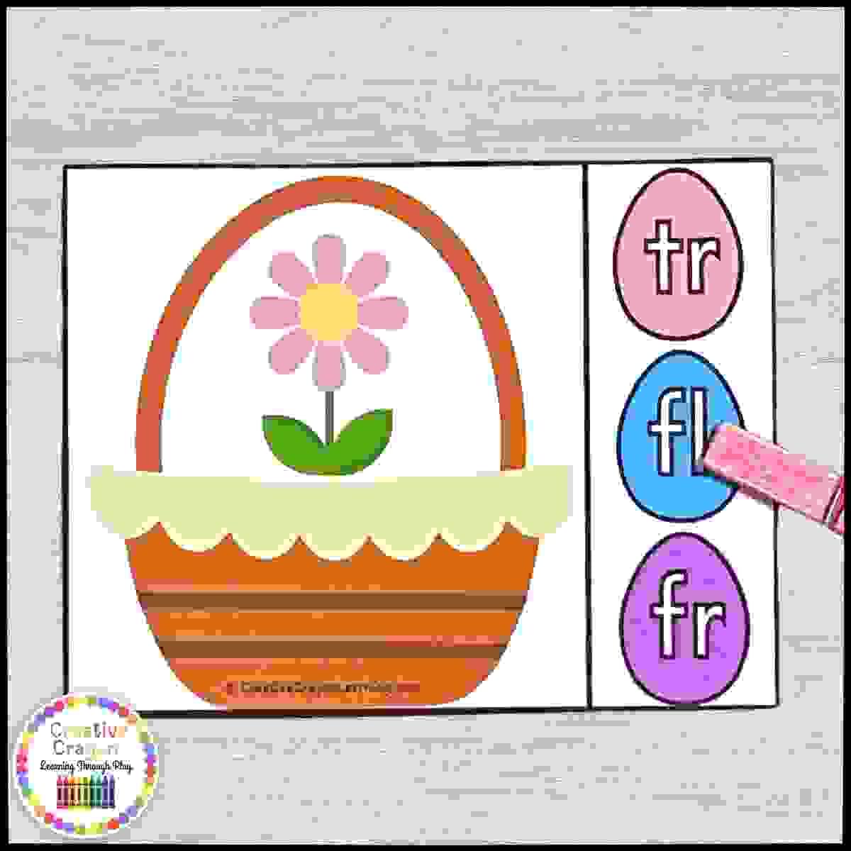 Kindergarten Easter phonics activity with Easter basket blend cards for identifying beginning blend sounds