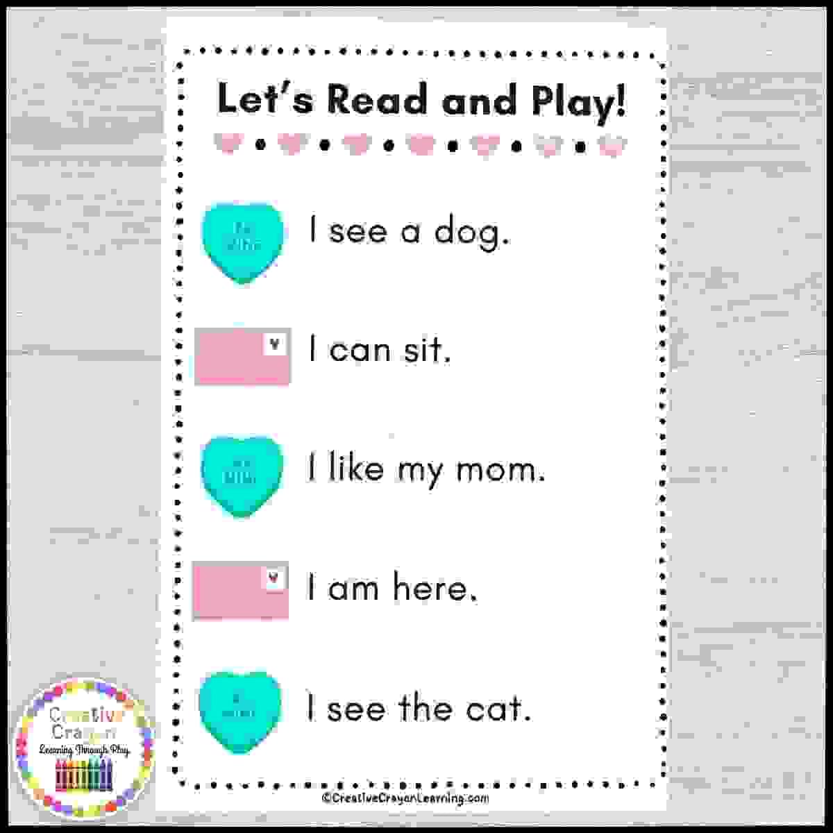 Printable Valentine-themed decodable cvc sentence fluency pages for kindergarten featuring Fry sight words and decodable sentences.