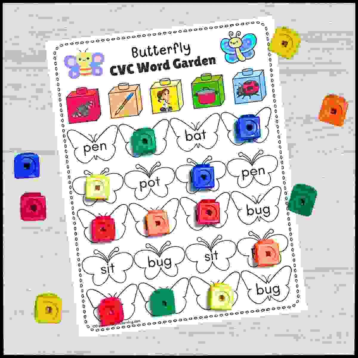  Butterfly-themed CVC word matching literacy activity for kindergarten.