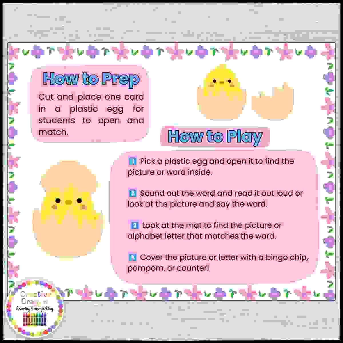 Overview of how to use Chick Hatch & Match literacy center with plastic eggs, picture mats, and matching activities for PreK, Kindergarten, and 1st grade.