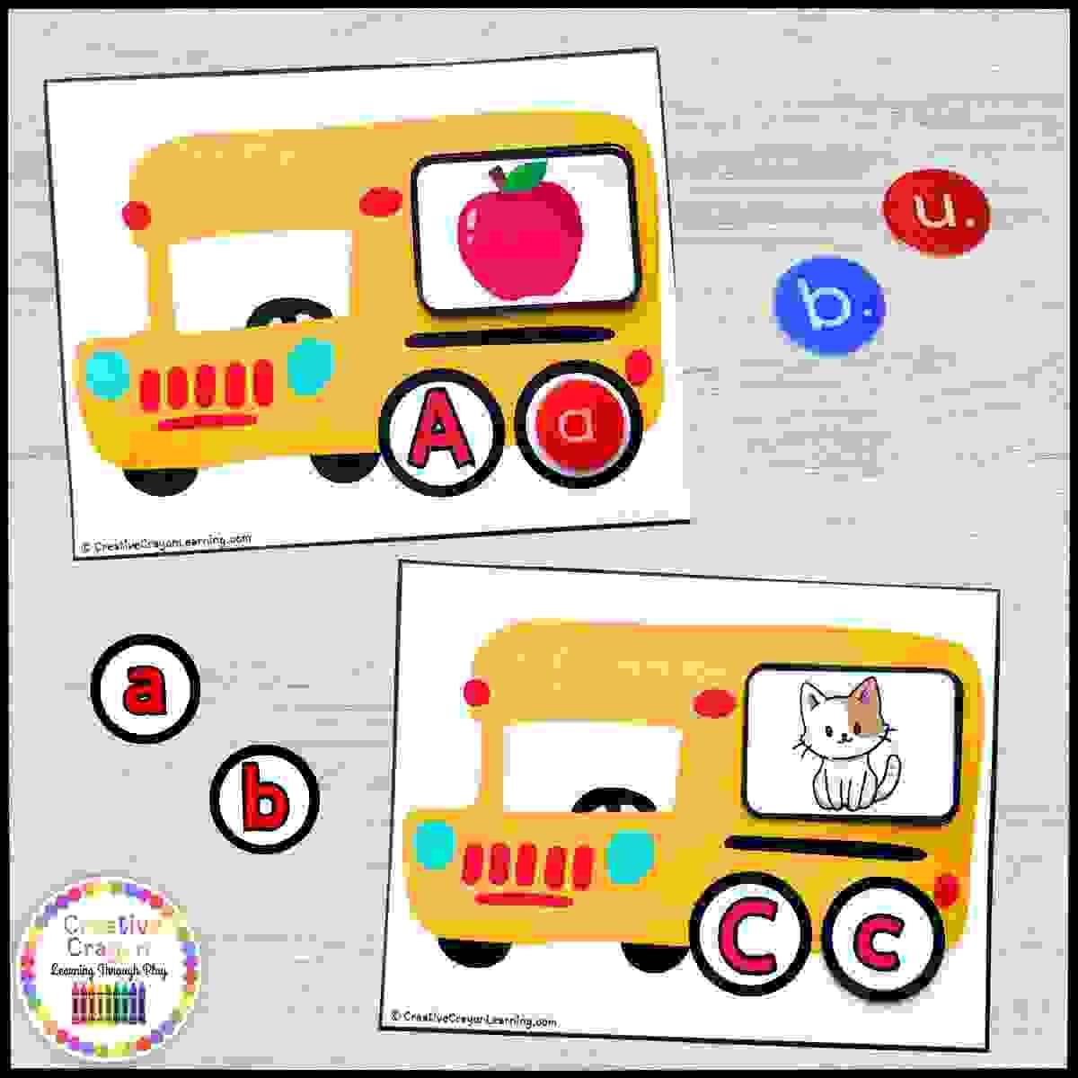 Hands-on school bus themed letter-sound matching literacy center for kindergarten with alphabet chips and picture cards.