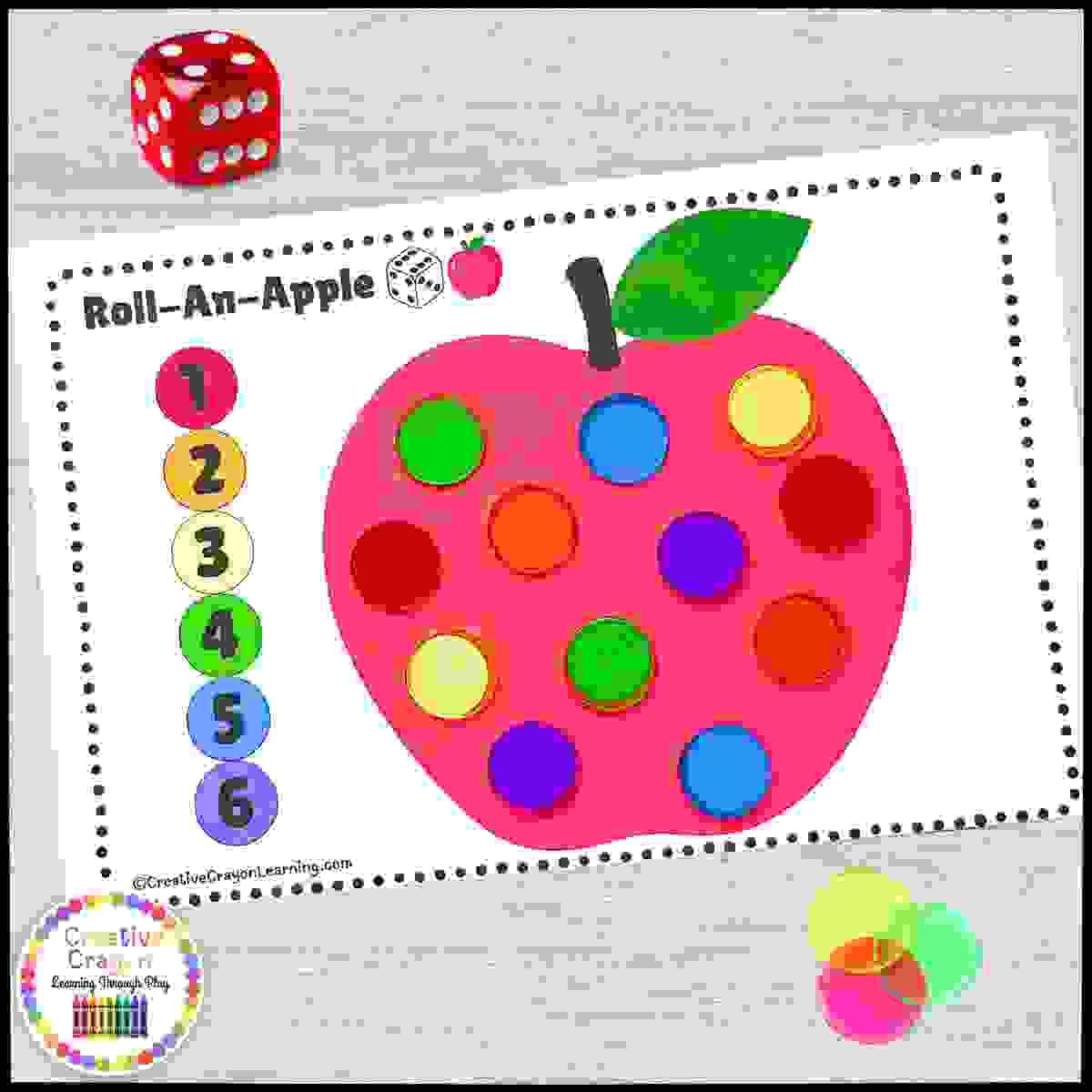 Apple-themed roll-and-color math game for preschool and kindergarten focusing on number recognition and fine motor skills.