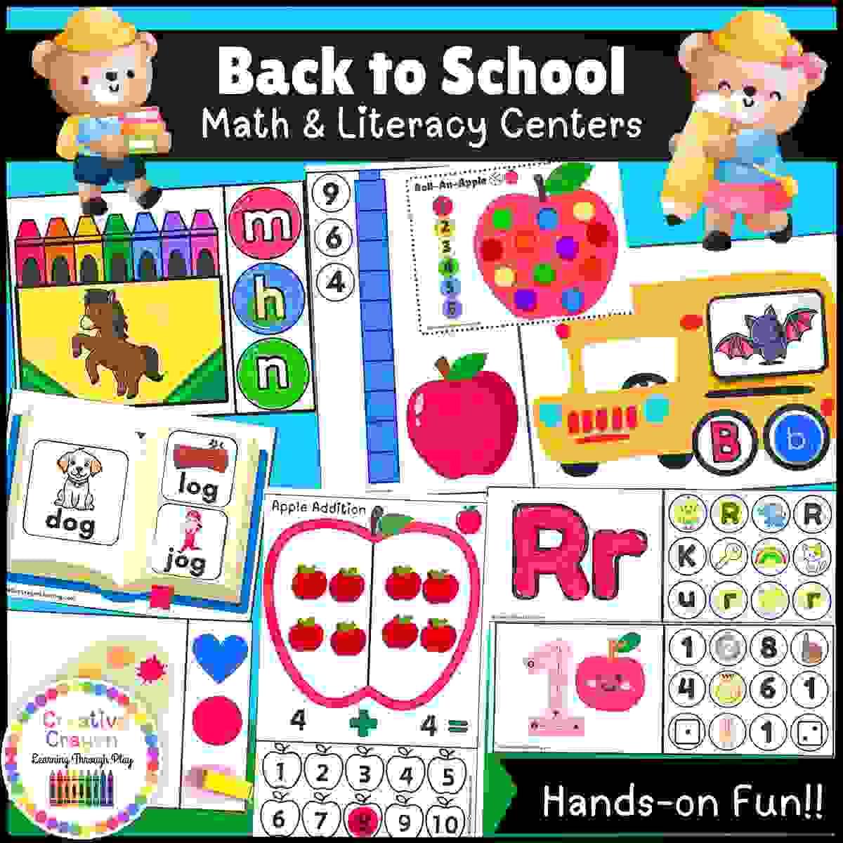 Back-to-school math and literacy centers bundle for kindergarten with hands-on activities for early year skill-building.