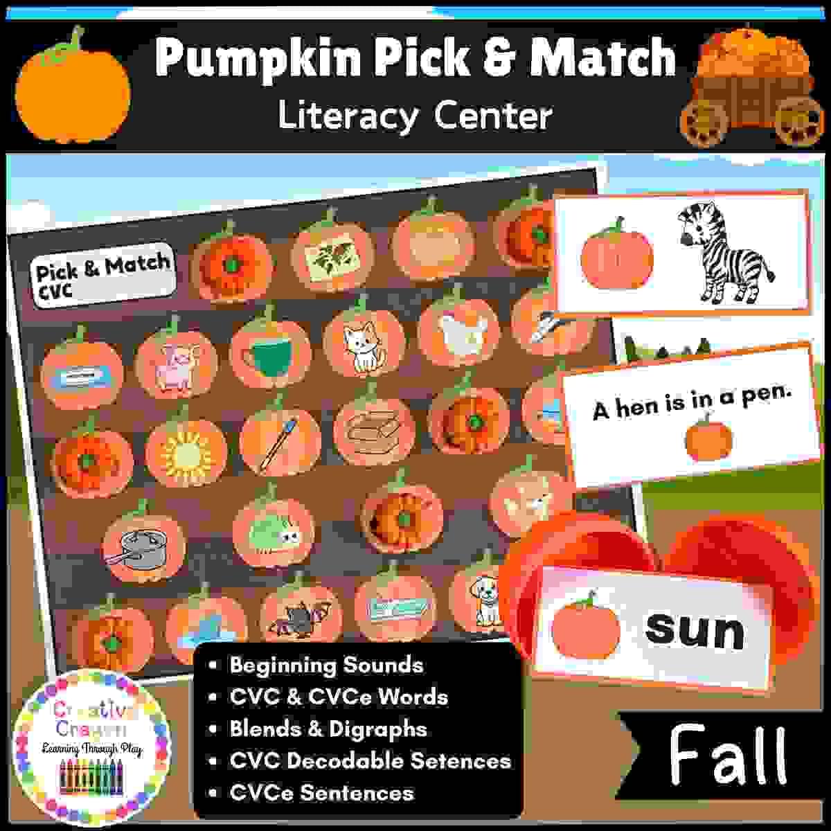 Pumpkin Pick & Match printable fall literacy center for PreK, Kindergarten, and 1st grade with hands-on CVC words, alphabet, and sentence matching activities.