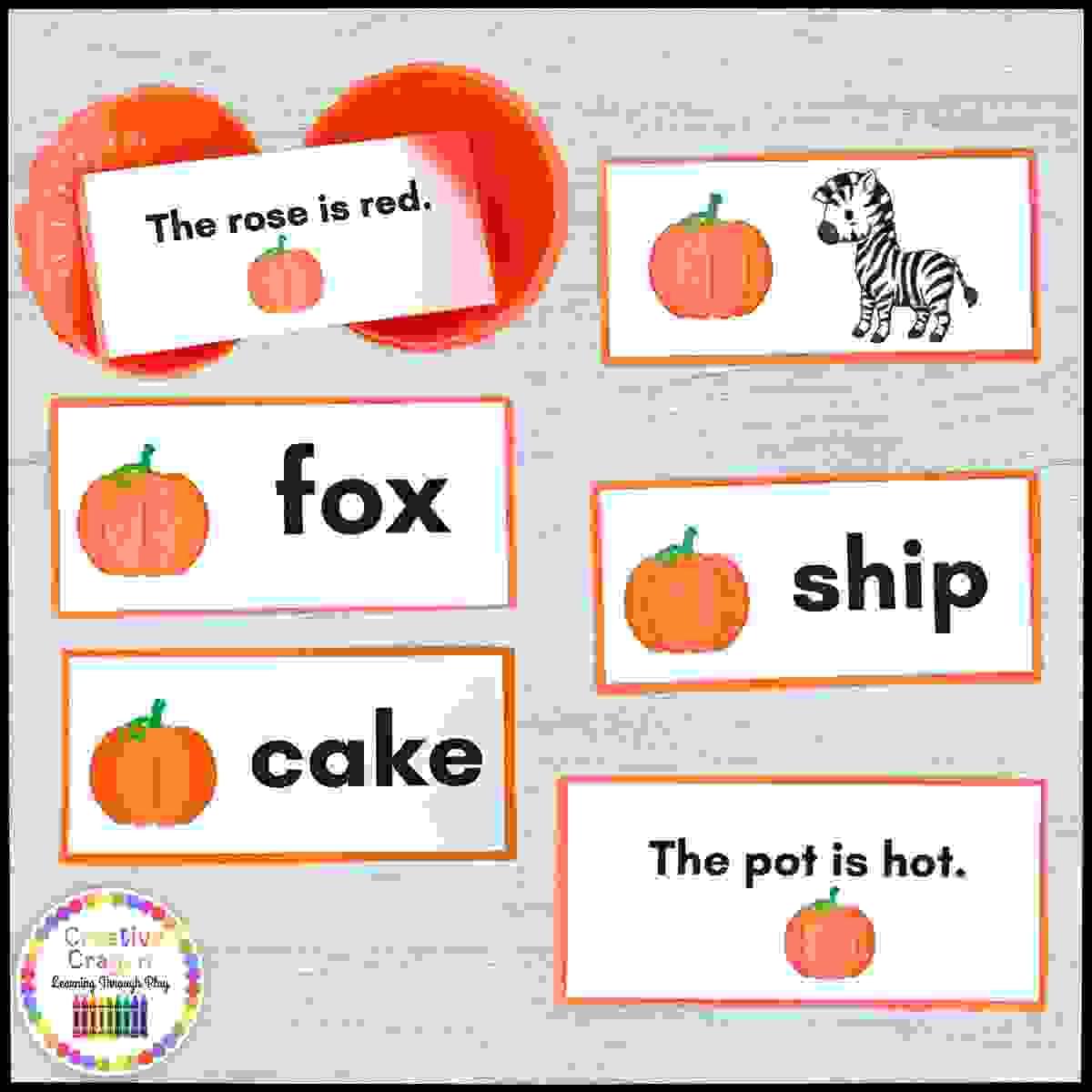Pumpkin Pick & Match fall literacy center with CVC, CVCe, blends, digraphs, and sentence strips shown with plastic pumpkin for differentiated reading practice