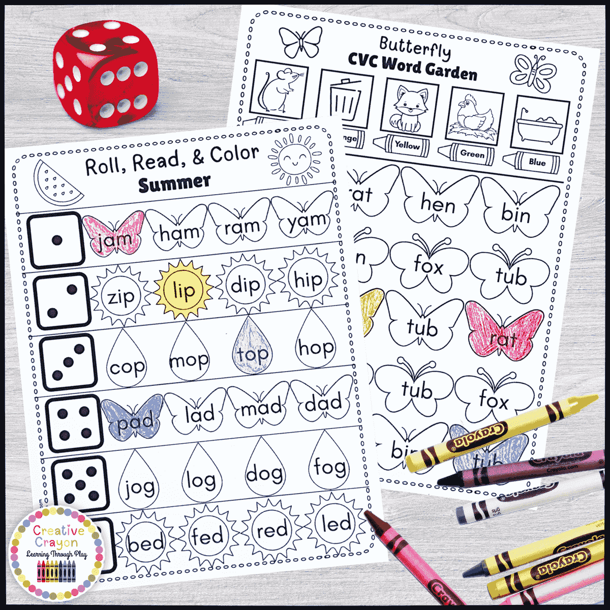 Printable summer literacy review for kindergarten with CVC, CVCe, color-by-code, and word matching activities.