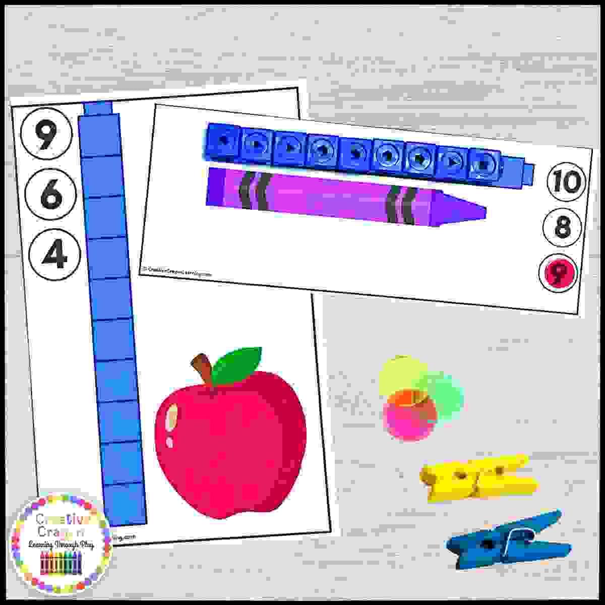 Back-to-school themed math center for kindergarten with school supply measuring cards and math link cube