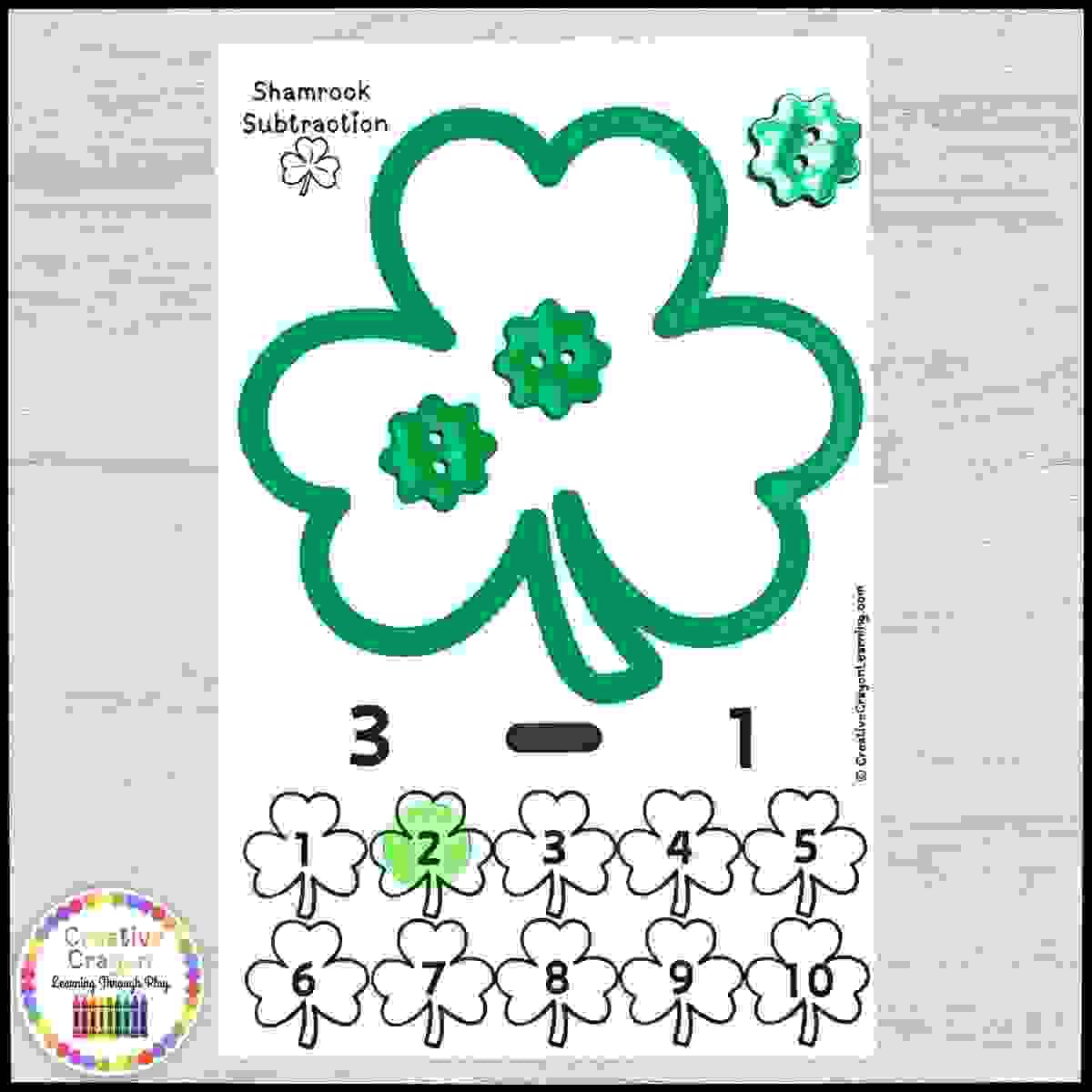 Hands-On St. Patrick's Day subtraction center for kindergarten using manipulatives to solve take-away problems