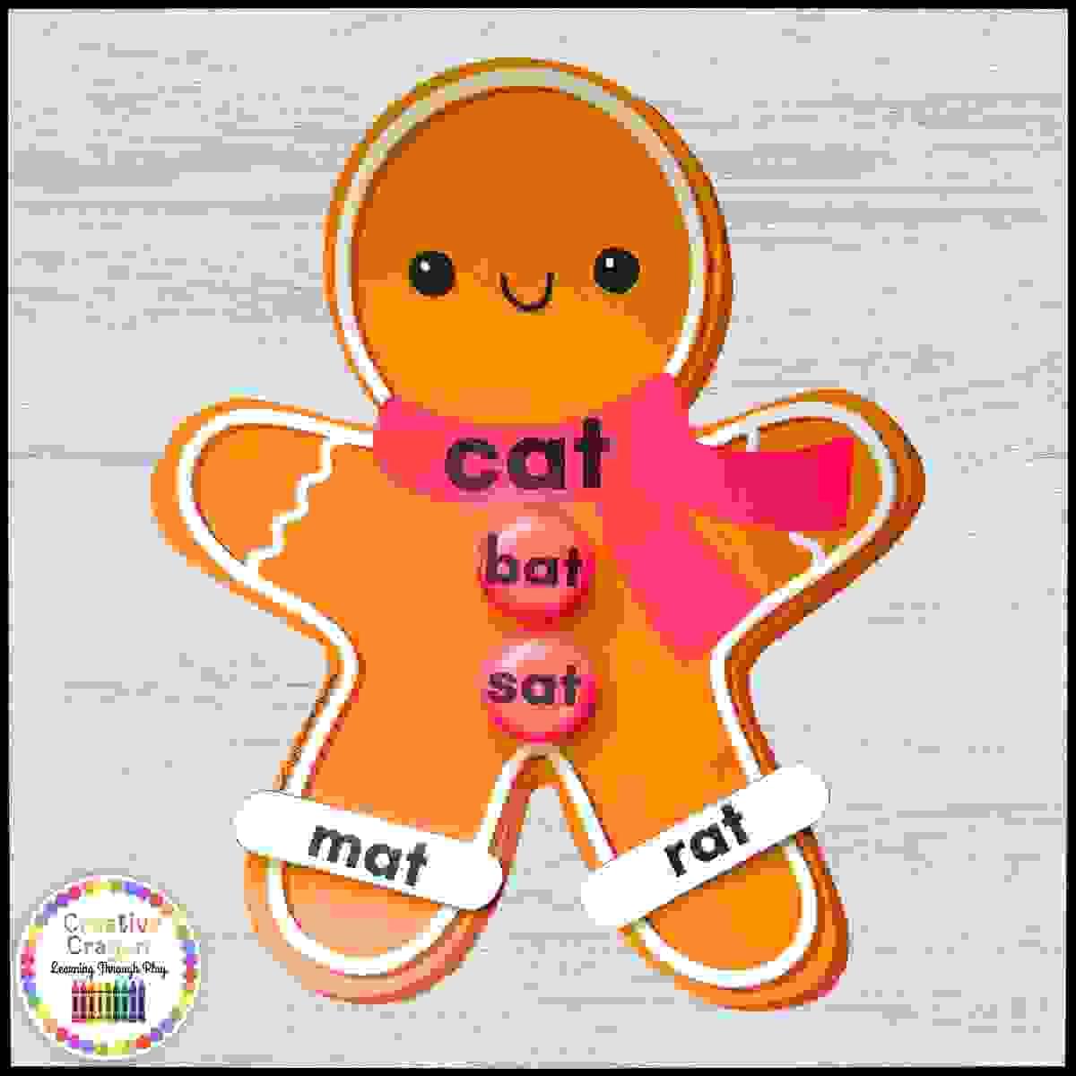  Hands-on gingerbread rhyme matching activity for kindergarten with CVC word cards.