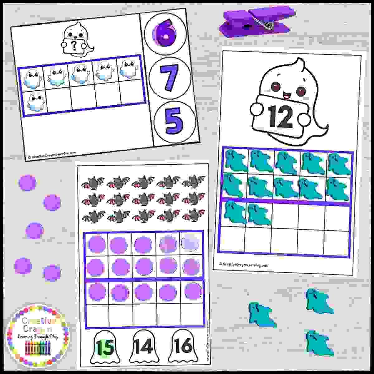 Halloween ten frame counting math center for kindergarten with ghost-themed number cards and counting to 20 practice.