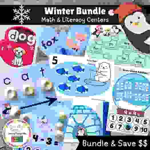 Winter Math and Literacy Centers Bundle for kindergarten and first grade featuring 12 fun snow-themed activities.