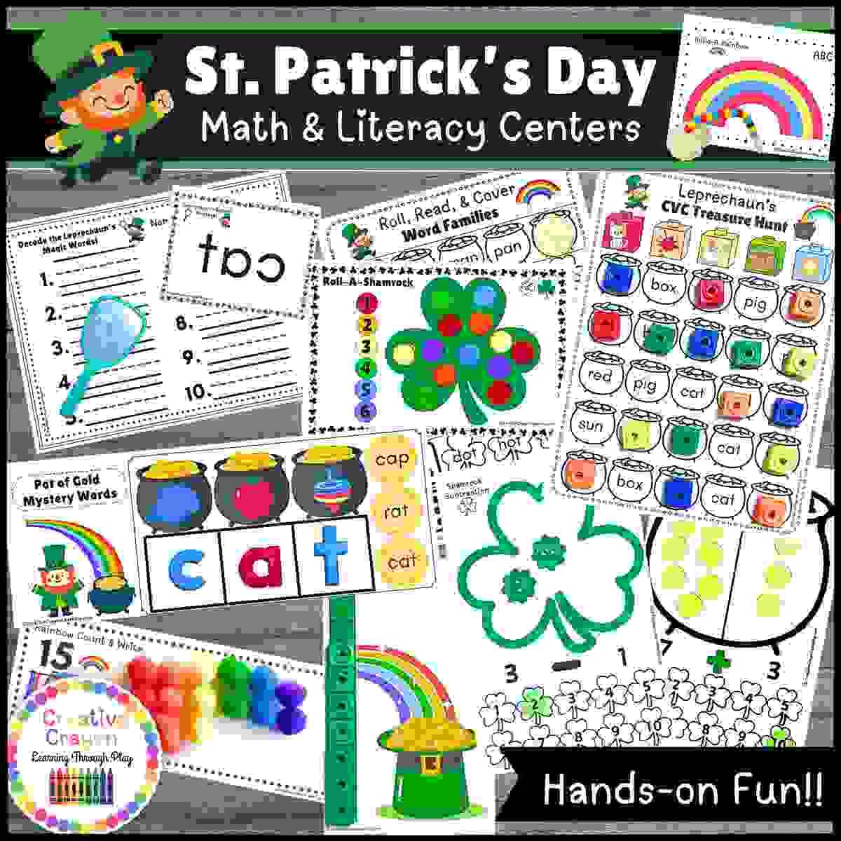Hands-on St. Patrick's Day math and literacy centers for kindergarten including CVC word games, rainbow counting, addition, subtraction, measuring, and more.