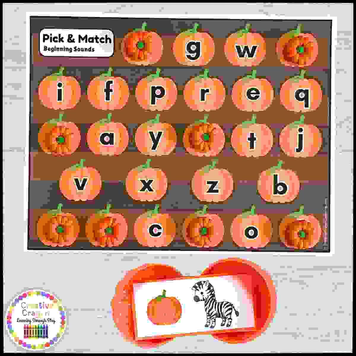 Pumpkin-themed beginning sound matching literacy activity for kindergarten with alphabet letter strips.