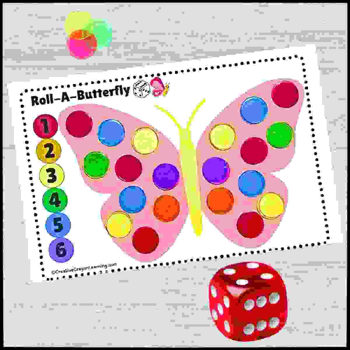 Roll and build butterfly spring math game for kindergarten with number recognition practic