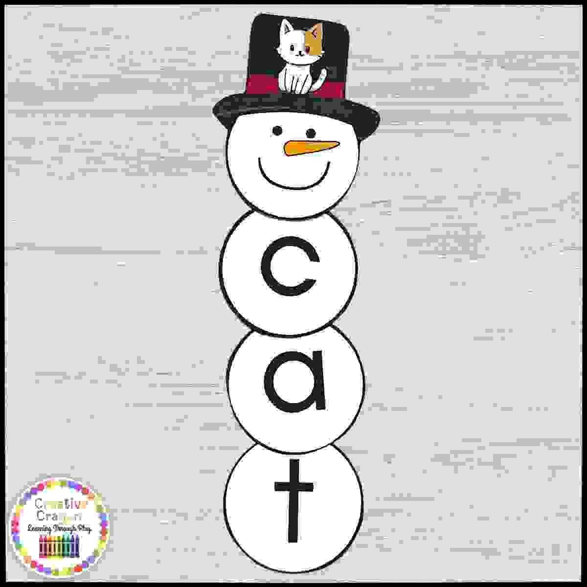 Kindergarten winter CVC spelling activity where students build snowmen using letter pieces.