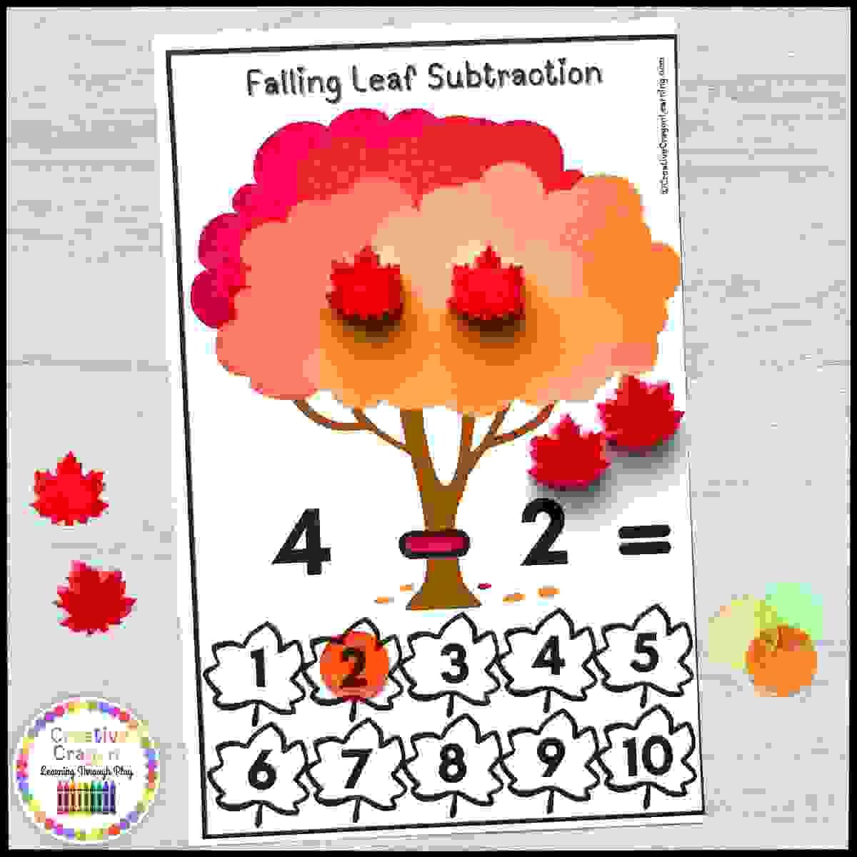 Fall subtraction math center for kindergarten with tree mats, leaf chips, and subtraction within 10
