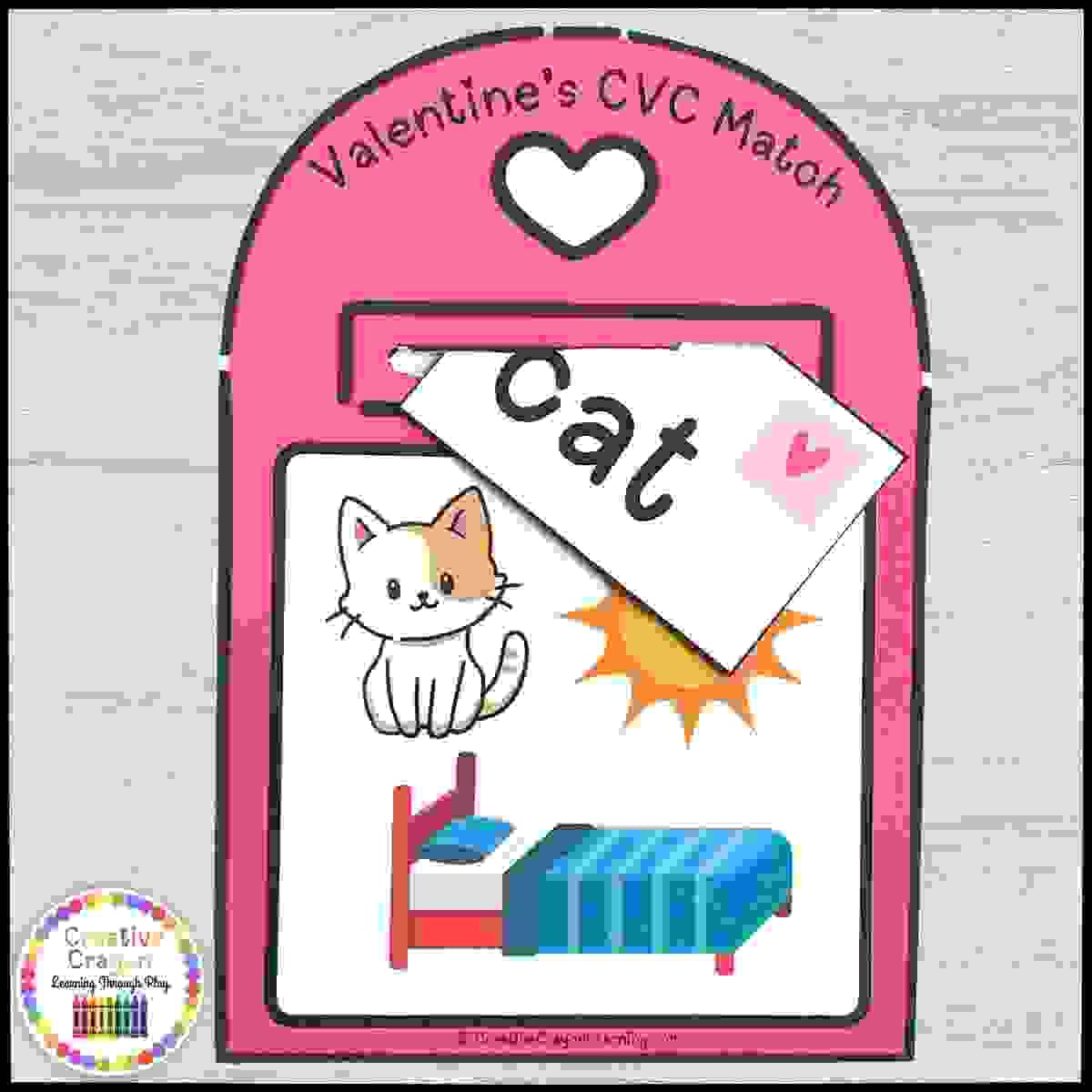 Hands-on CVC word matching Valentine’s literacy center for kindergarten with mailboxes and picture cards.