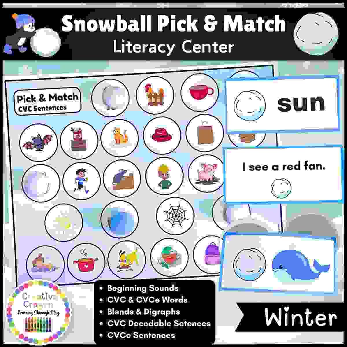Cover for Snowball Pick & Match hands-on winter literacy center for PreK–1st grade with six phonics activities.