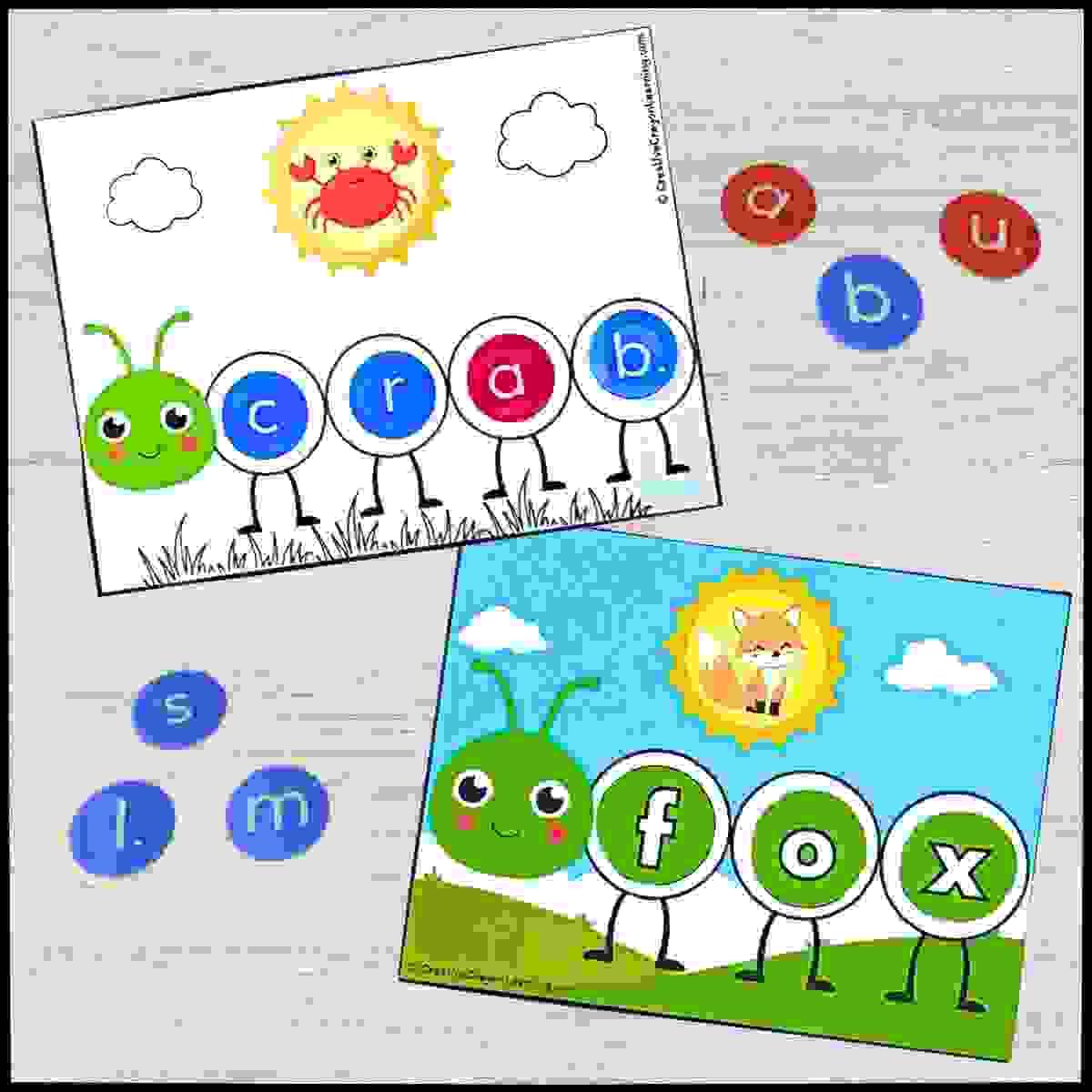 Spelling Caterpillar literacy activity with letter segments to form CVC and CCVC words