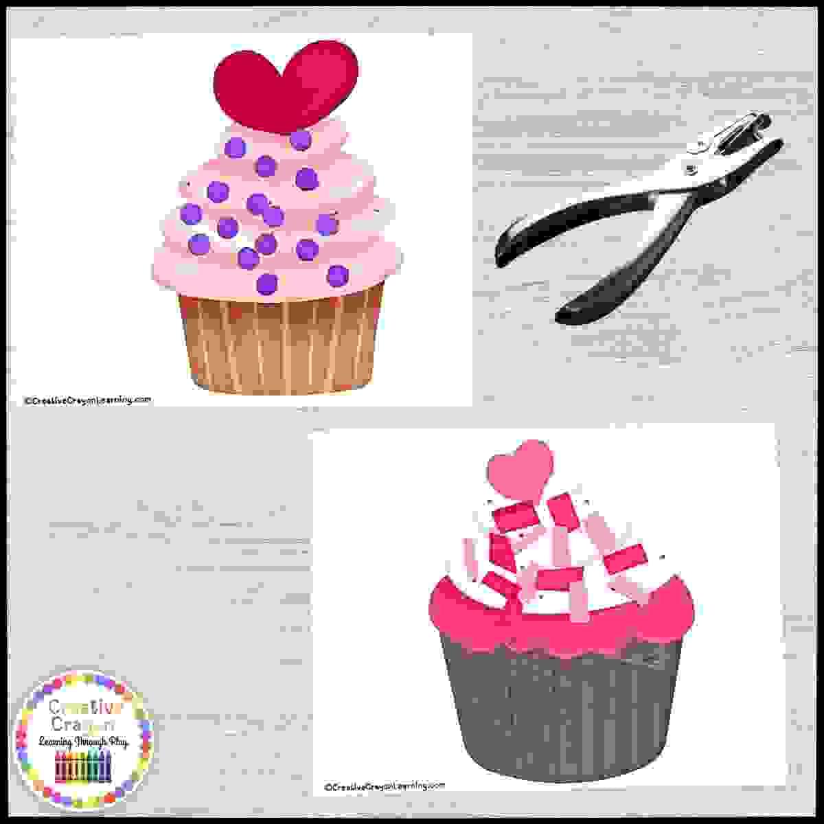 Valentine’s Day fine motor activity for kindergarten using cupcake cut-and-paste craft to build hand strength and visual coordination.