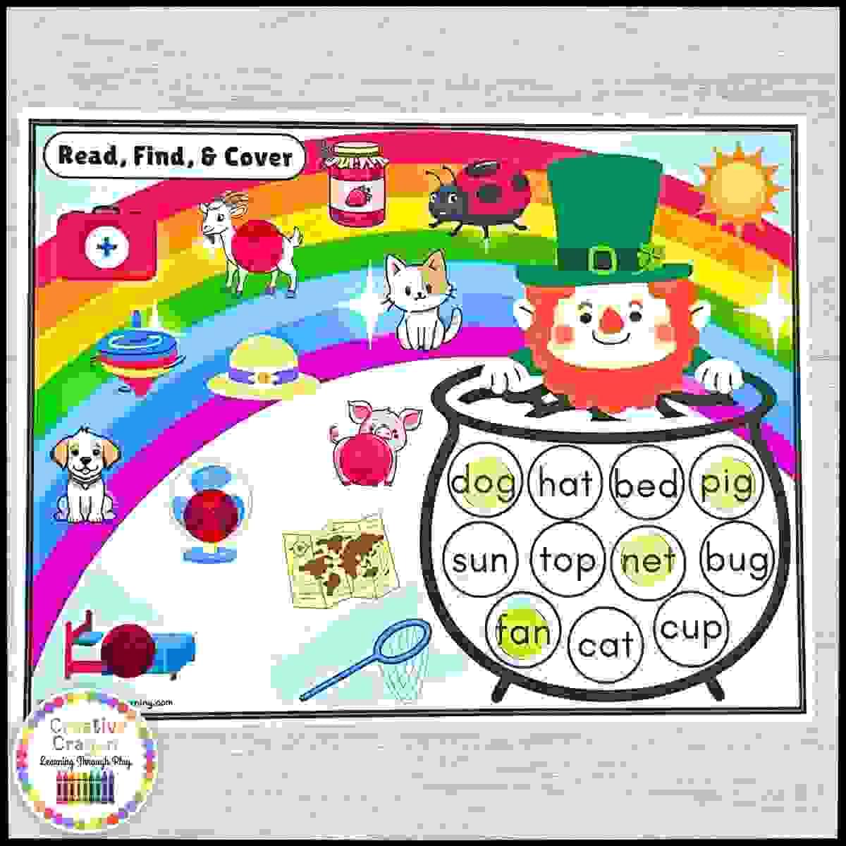St. Patrick's Day CVC printable for kindergarten with picture clues and decoding practice.