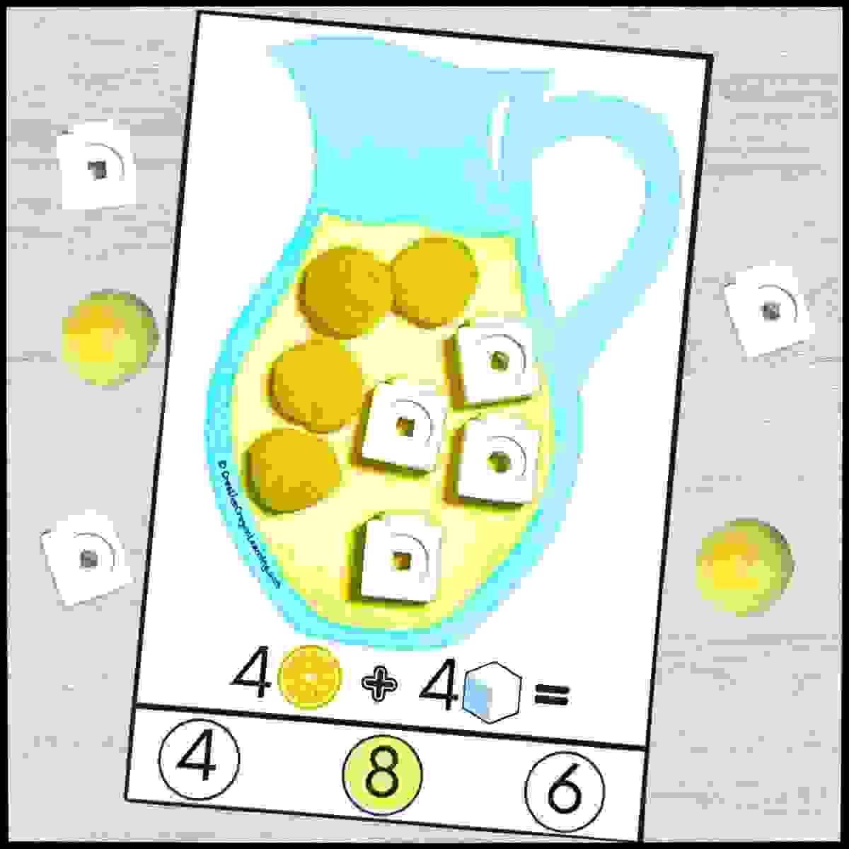  Lemonade-themed hands-on addition activity for kindergarten using counting visuals.